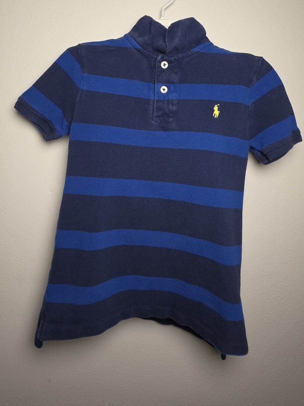Polo by Ralph Lauren Navy & Royal Blue Striped Polo Shirt with Yellow Logo